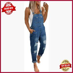 Distressed Denim Overalls Adjustable Straps Ripped Holes Casual Wear